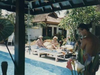 IDN Bali 1990OCT WRLFC WGT 035  Coxy and Uncle Arthur catching some rays as Powelly looks on. : 1990, 1990 World Grog Tour, Asia, Bali, Date, Indonesia, Month, October, Places, Rugby League, Sports, Wests Rugby League Football Club, Year